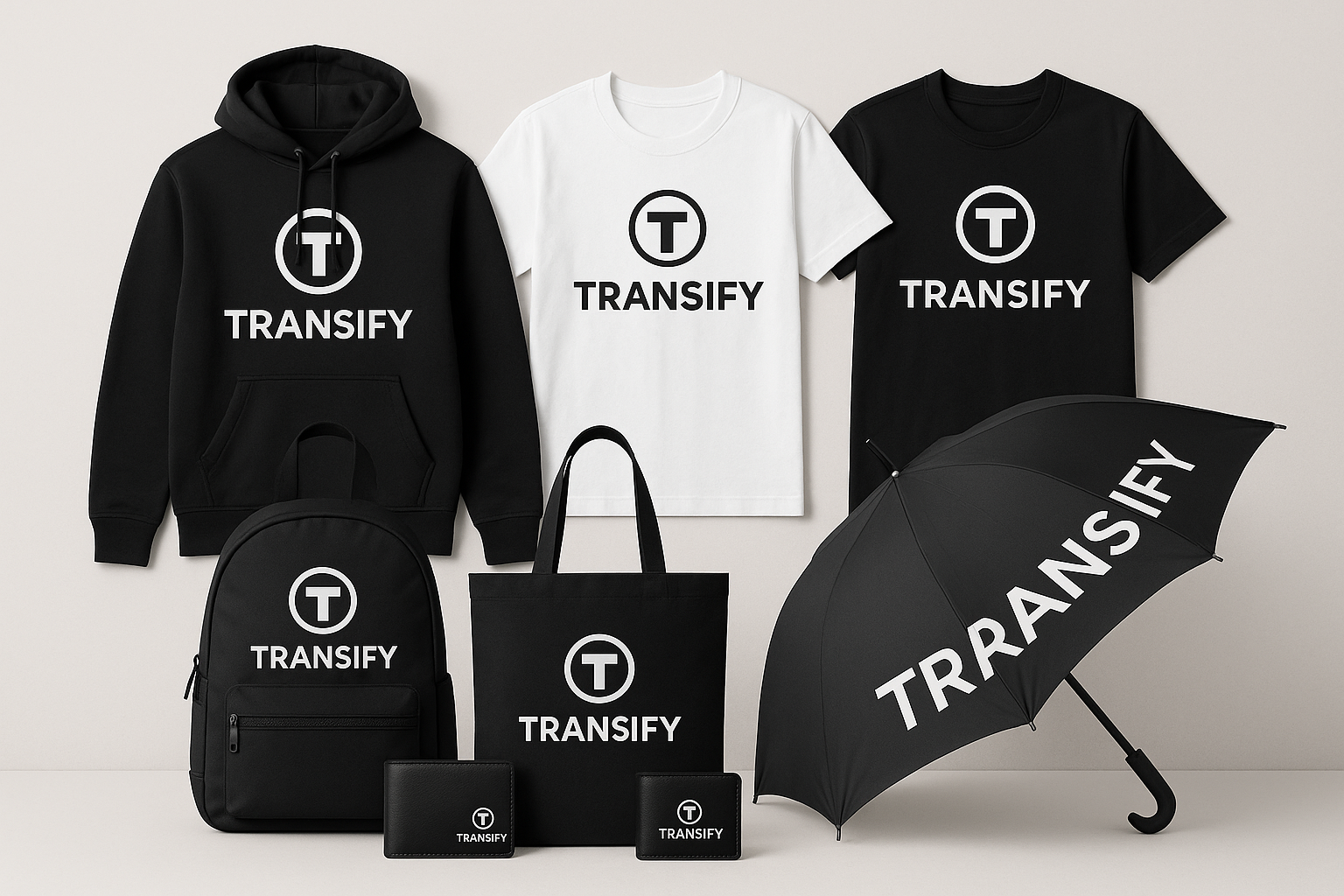 hoodies t-shirts bags and wallets and umbrella with logo with text Transify